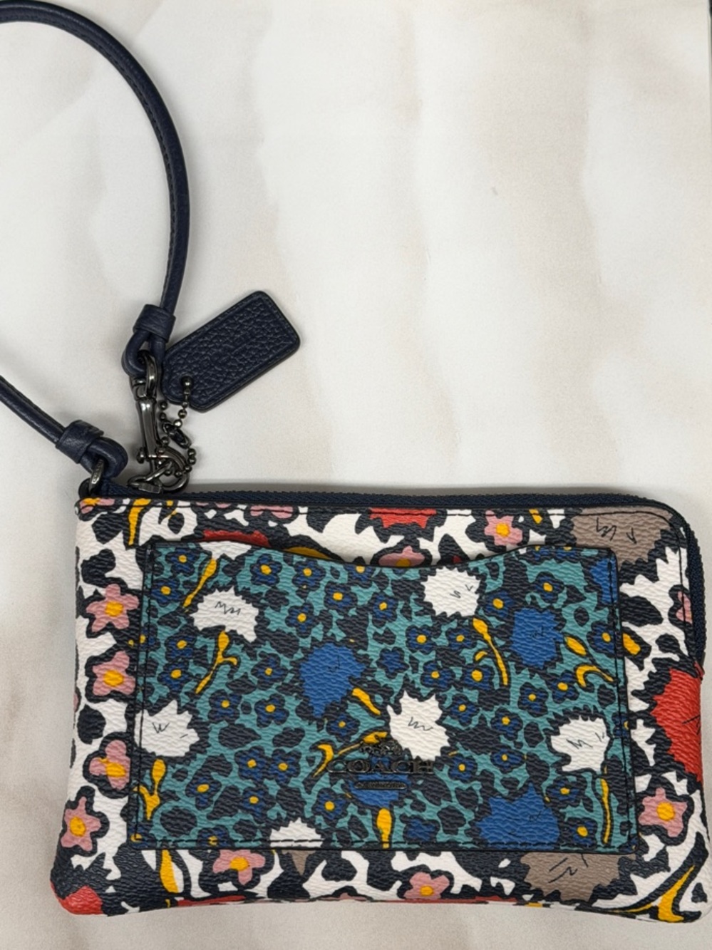 COACH Blue Multi Floral Leather Wristlet - Picture 2 of 13